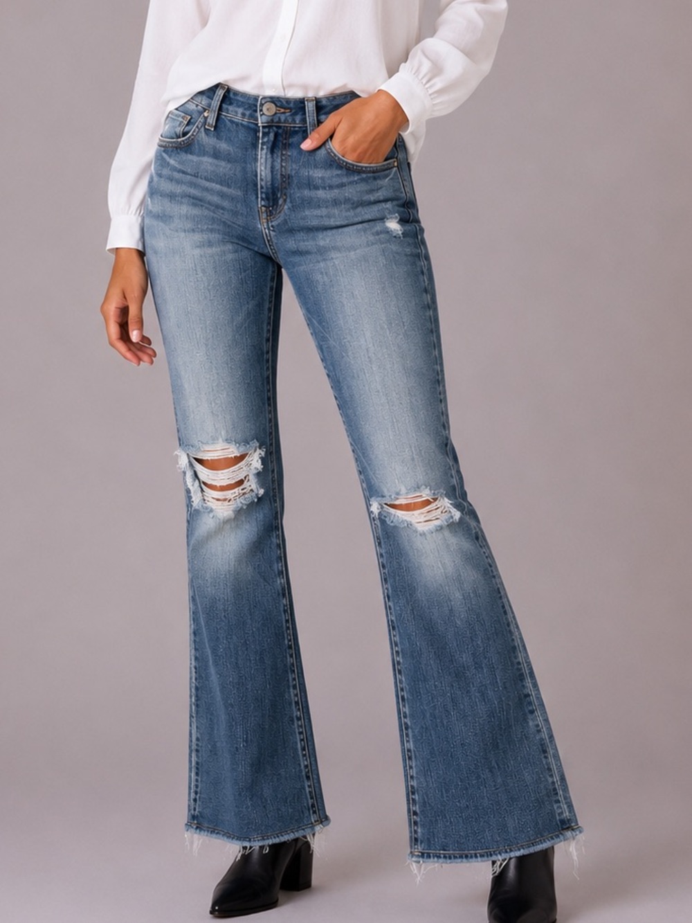 7 For All Mankind Distressed Mid-Blue Flare Jeans